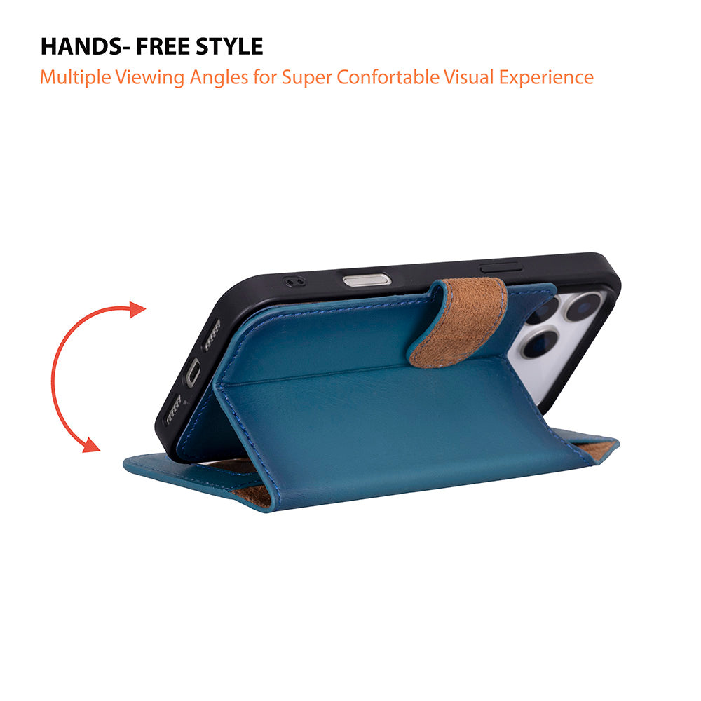 Apple iPhone 17 Pro Max için, Hakiki Deri, El Yapımı Cüzdanlı Kılıf, Magsafe ile uyumlu, İç Yüzeyi Kadife, Gölgeli Mavi