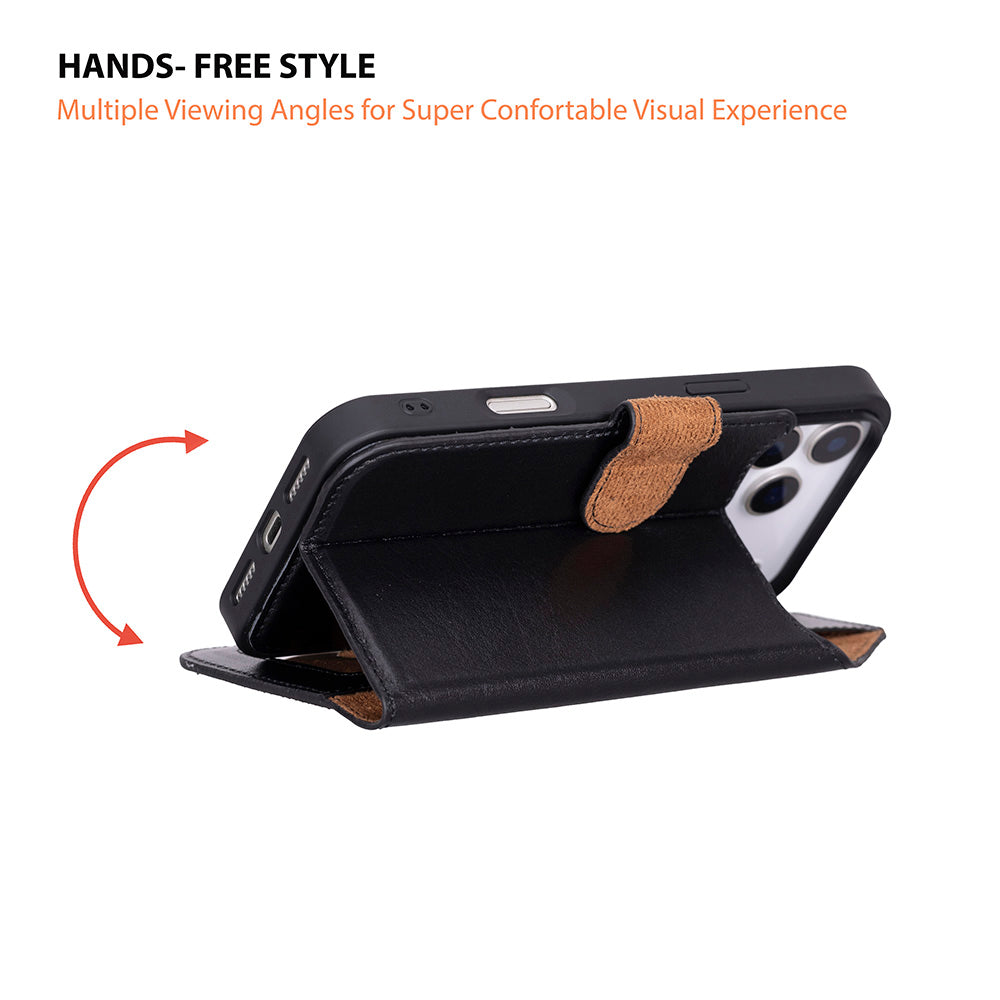 Apple iPhone 17 Pro Max için, Hakiki Deri, El Yapımı Cüzdanlı Kılıf, Magsafe ile uyumlu, İç Yüzeyi Kadife, Siyah