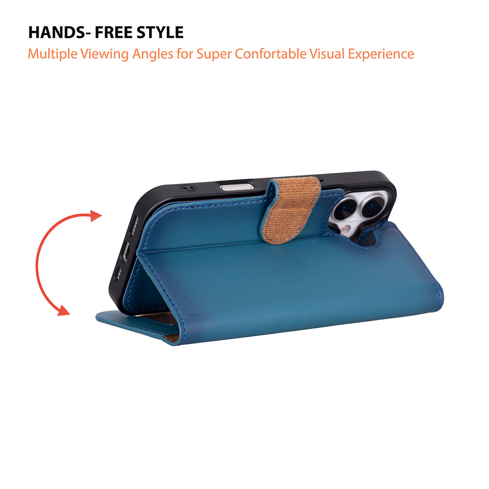 Apple iPhone 17 için, Hakiki Deri, El Yapımı Cüzdanlı Kılıf, Magsafe ile uyumlu, İç Yüzeyi Kadife, Gölgeli Mavi