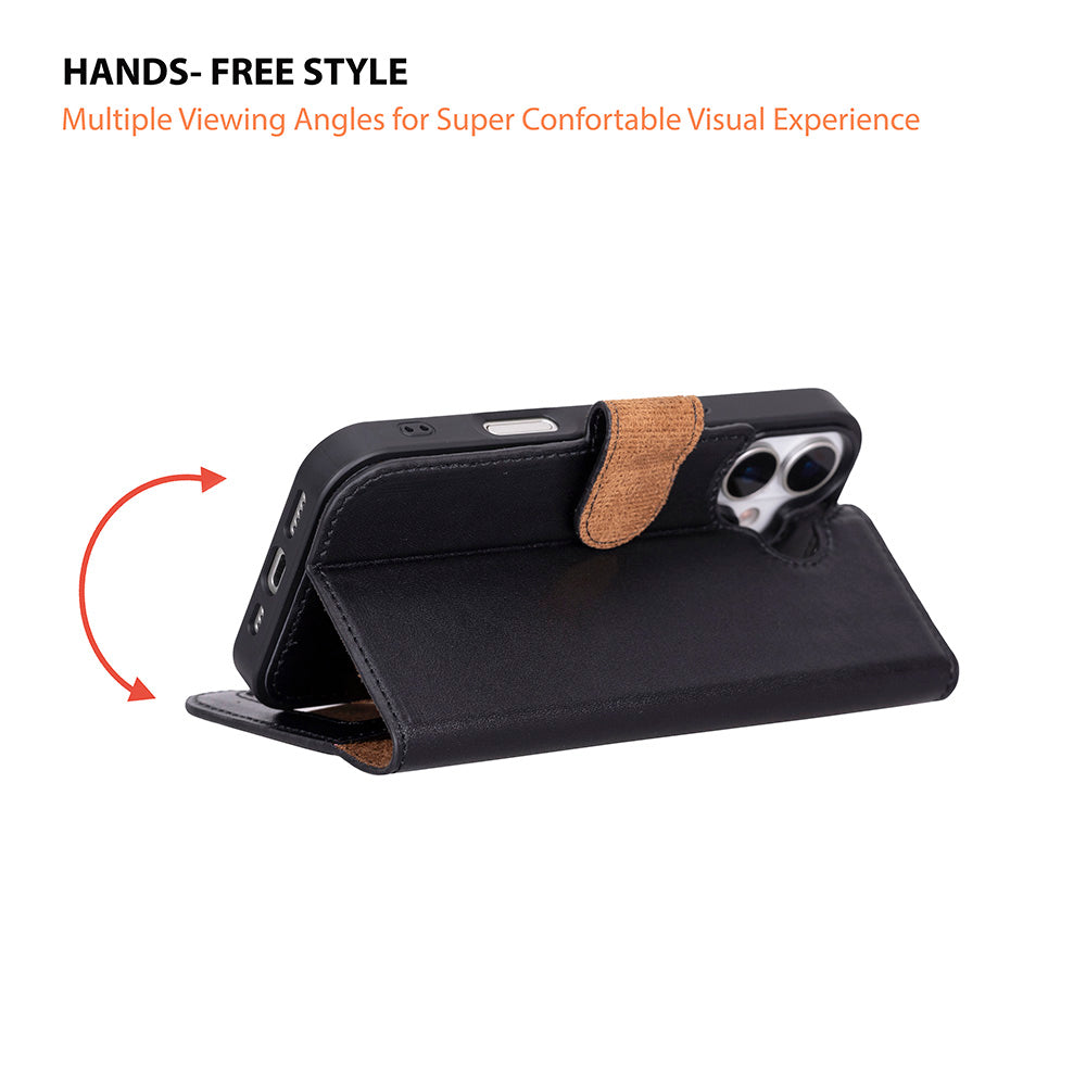 Apple iPhone 17 için, Hakiki Deri, El Yapımı Cüzdanlı Kılıf, Magsafe ile uyumlu, İç Yüzeyi Kadife, Siyah