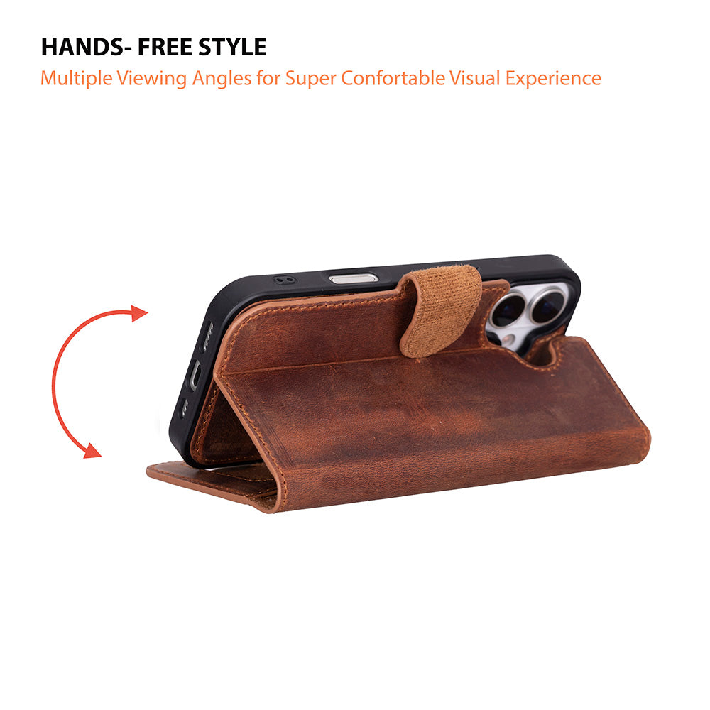 Apple iPhone 17 için, Hakiki Deri, El Yapımı Cüzdanlı Kılıf, Magsafe ile uyumlu, İç Yüzeyi Kadife, Antik kahve