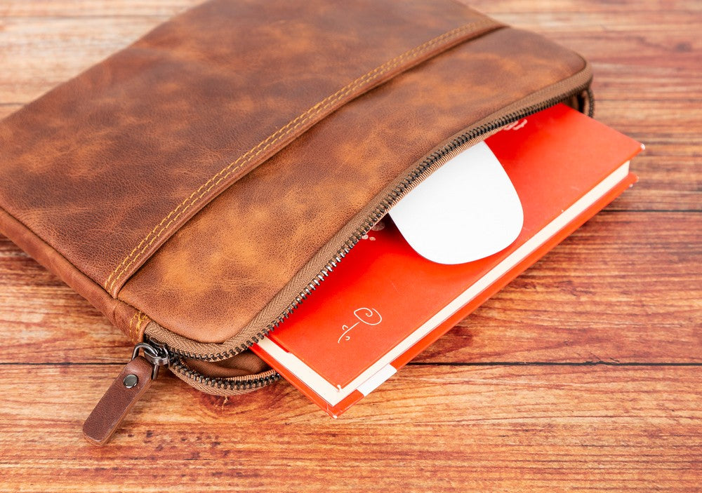 Awe 15 inç MacBook Ve Pc uyumlu, Hakiki Deri, El Yapımı Kılıf, Antik Kahve