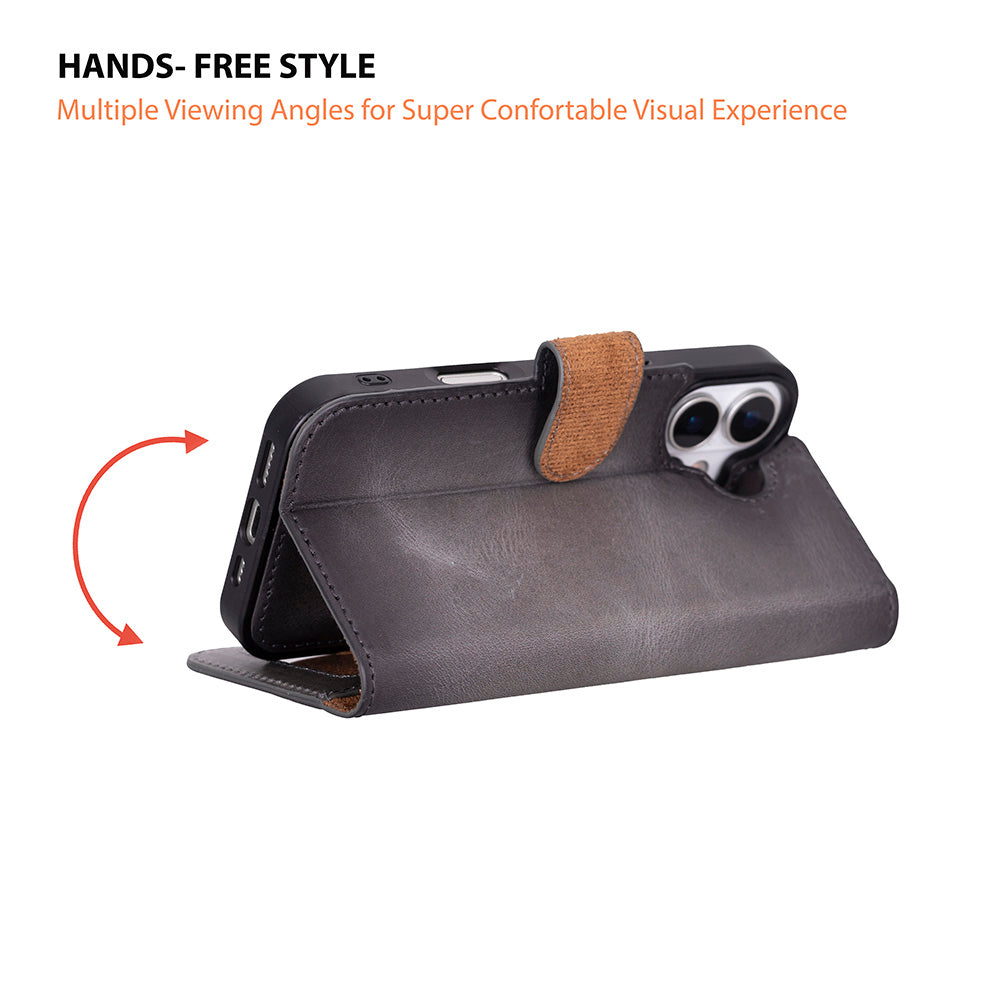 Apple iPhone 17 için, Hakiki Deri, El Yapımı Cüzdanlı Kılıf, Magsafe ile uyumlu, İç Yüzeyi Kadife, Duman Gri