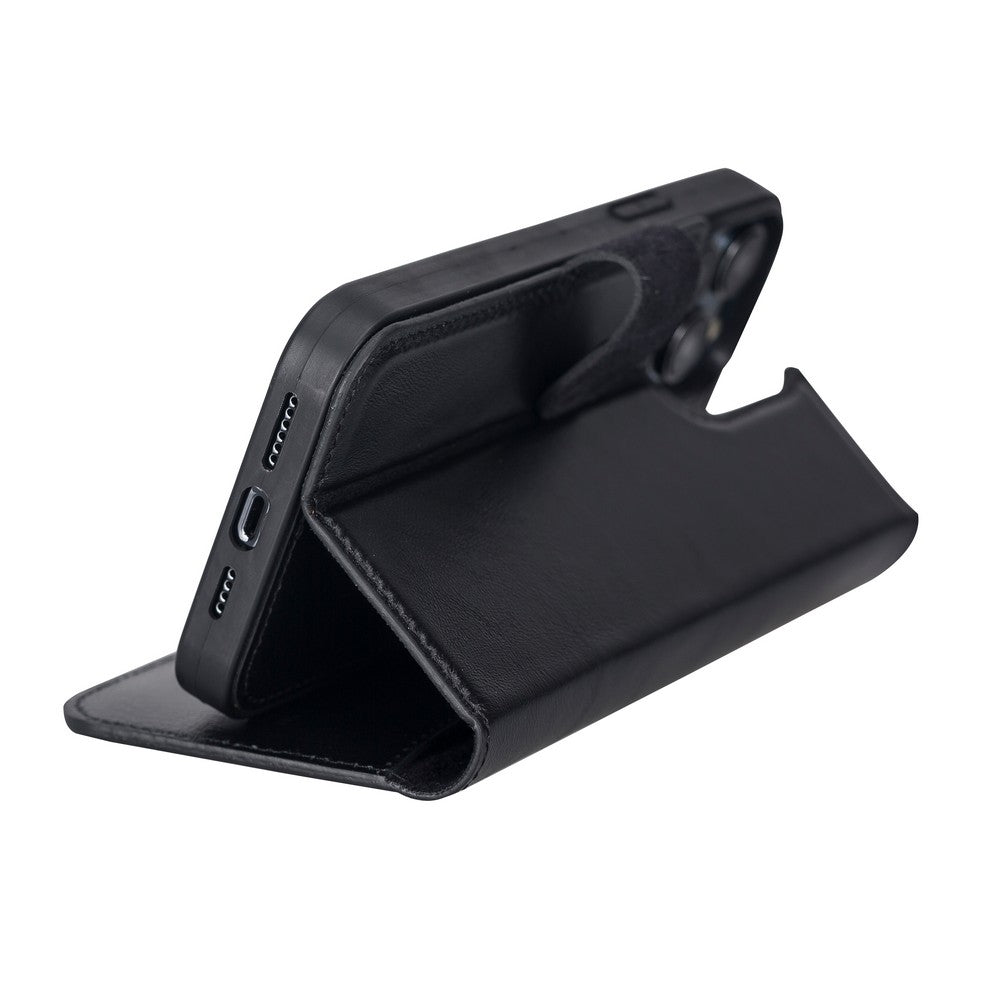 Apple iPhone 13 Pro Max uyumlu, Hakiki Deri, El Yapımı, Cüzdanlı Kılıf, Rustik Siyah