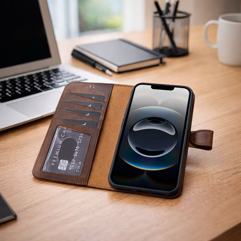 Apple iPhone 17e/16e uyumlu, Hakiki Deri, El Yapımı, Cüzdanlı Kılıf, Antik Kahve