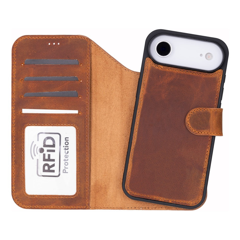 Apple iPhone 17 Air için, Hakiki Deri, El Yapımı Cüzdanlı Kılıf, Magsafe ile uyumlu, İç Yüzeyi Kadife, Karamel