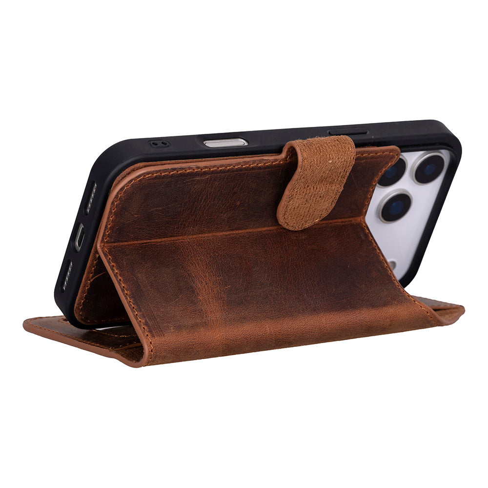 Apple iPhone 17 Pro Max için, Hakiki Deri, El Yapımı Cüzdanlı Kılıf, Magsafe ile uyumlu, İç Yüzeyi Kadife, Antik Kahve