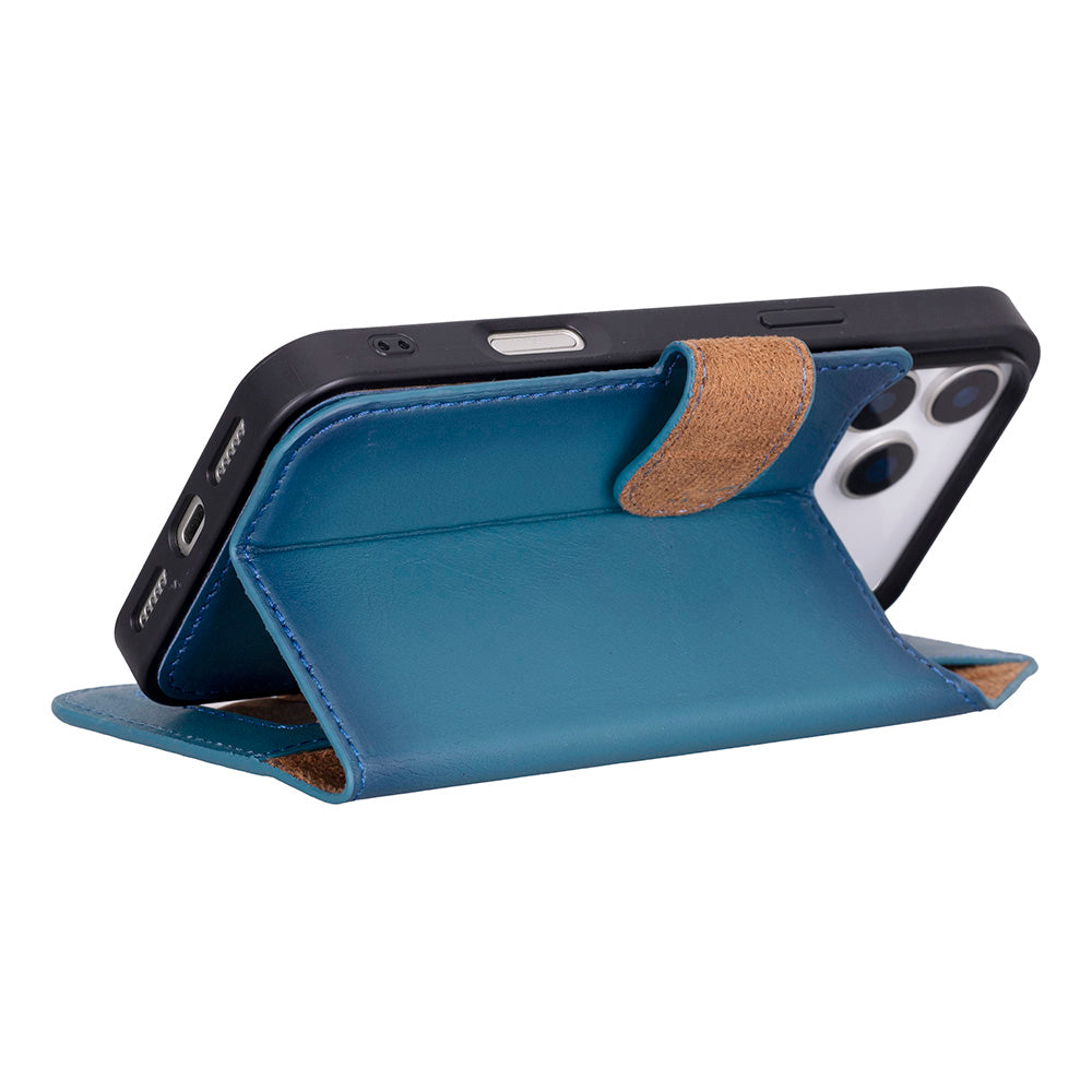 Apple iPhone 17 Pro Max için, Hakiki Deri, El Yapımı Cüzdanlı Kılıf, Magsafe ile uyumlu, İç Yüzeyi Kadife, Gölgeli Mavi