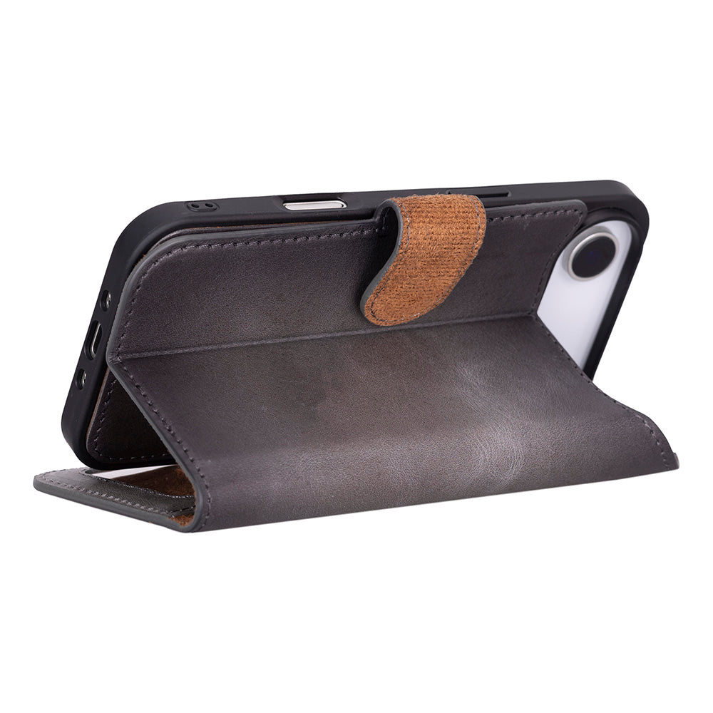 Apple iPhone 17 Air için, Hakiki Deri, El Yapımı Cüzdanlı Kılıf, Magsafe ile uyumlu, İç Yüzeyi Kadife, Duman Gri