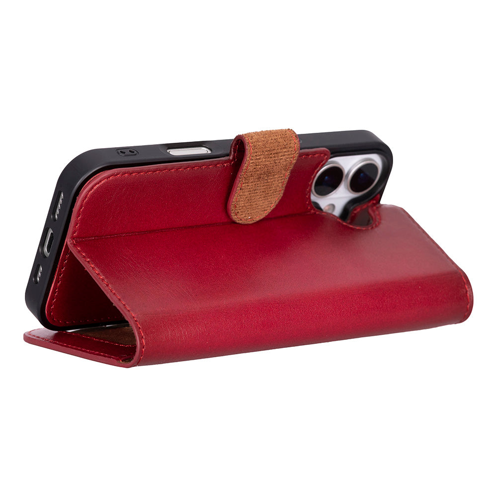 Apple iPhone 17 için, Hakiki Deri, El Yapımı Cüzdanlı Kılıf, Magsafe ile uyumlu, İç Yüzeyi Kadife, Kırmızı