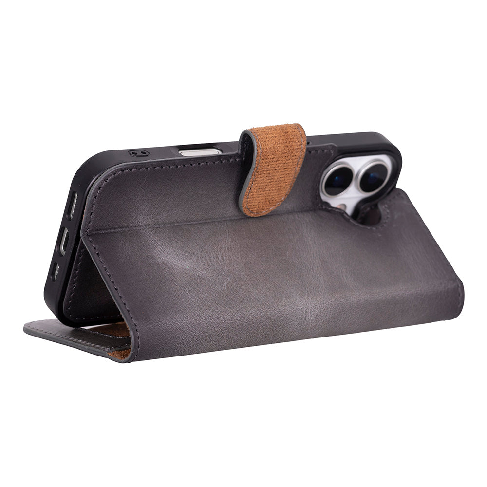 Apple iPhone 17 için, Hakiki Deri, El Yapımı Cüzdanlı Kılıf, Magsafe ile uyumlu, İç Yüzeyi Kadife, Duman Gri