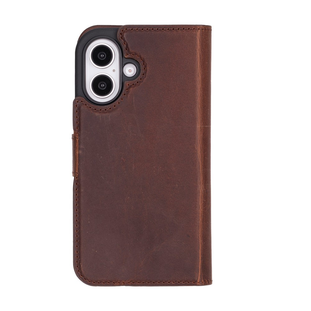Apple iPhone 16 uyumlu, Hakiki Deri, El Yapımı, Cüzdanlı Kılıf, Antik kahve