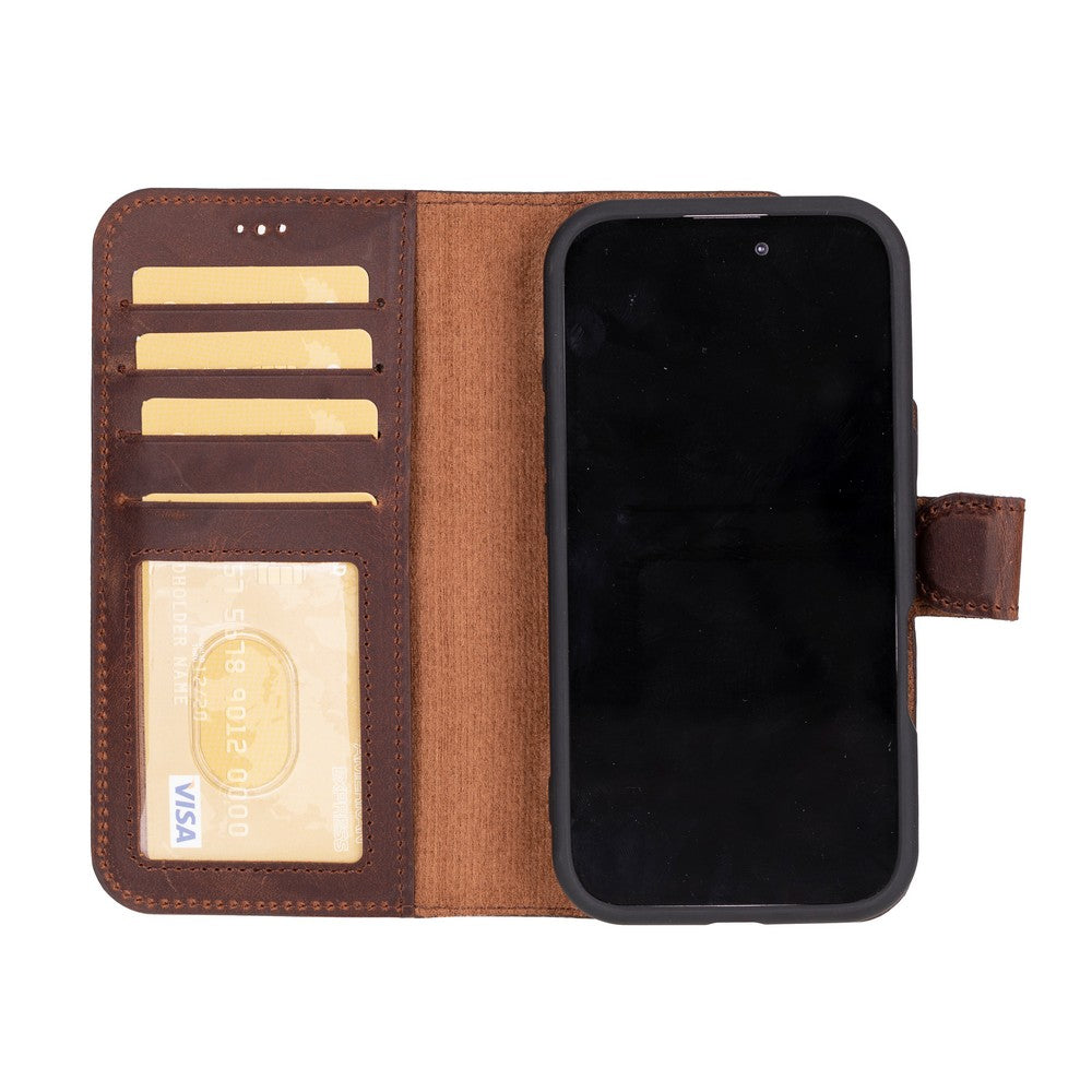 Apple iPhone 16 uyumlu, Hakiki Deri, El Yapımı, Cüzdanlı Kılıf, Antik kahve