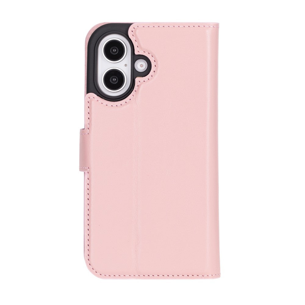 Apple iPhone 16 uyumlu, Hakiki Deri, El Yapımı, Cüzdanlı Kılıf, Toz Pembe