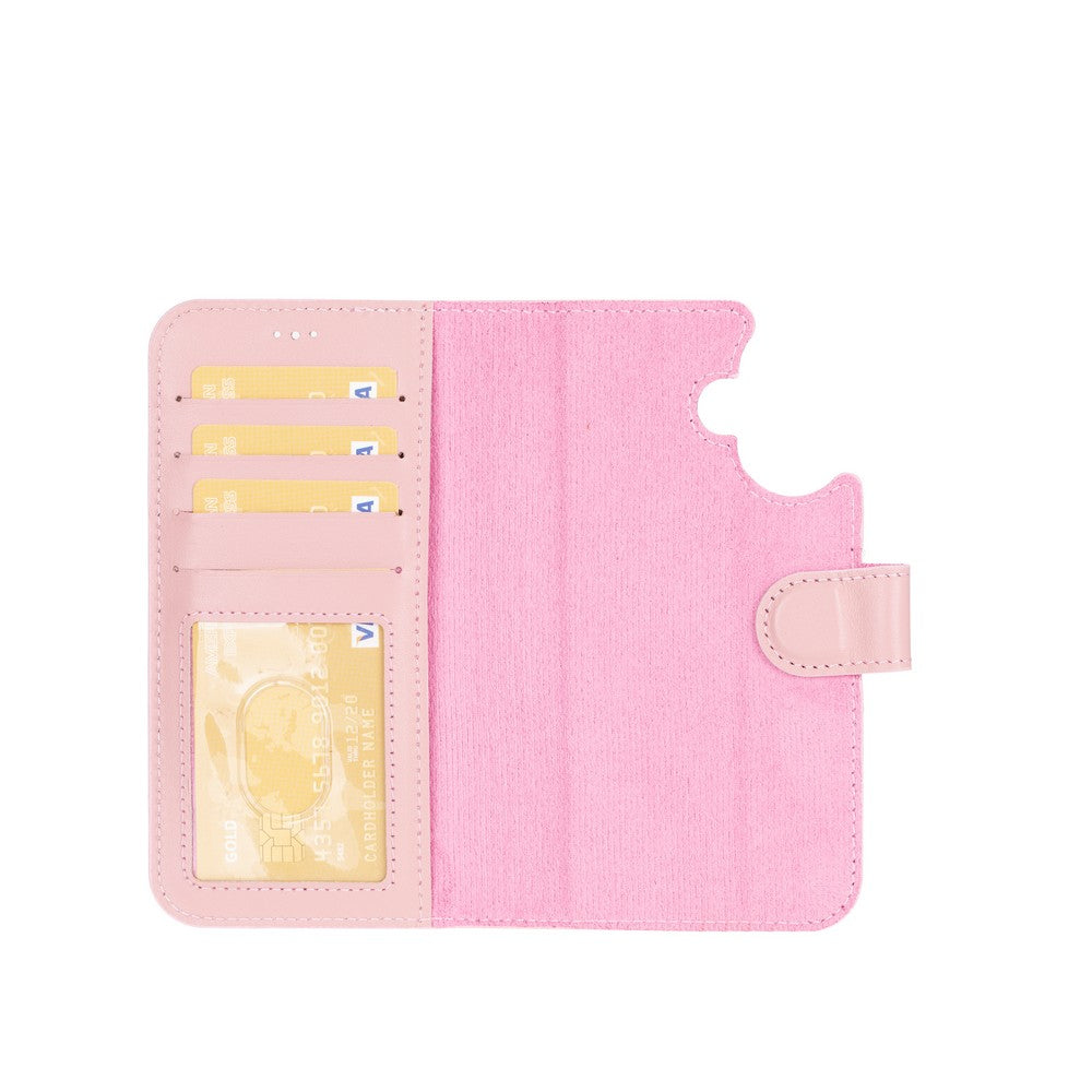 Apple iPhone 16 uyumlu, Hakiki Deri, El Yapımı, Cüzdanlı Kılıf, Toz Pembe