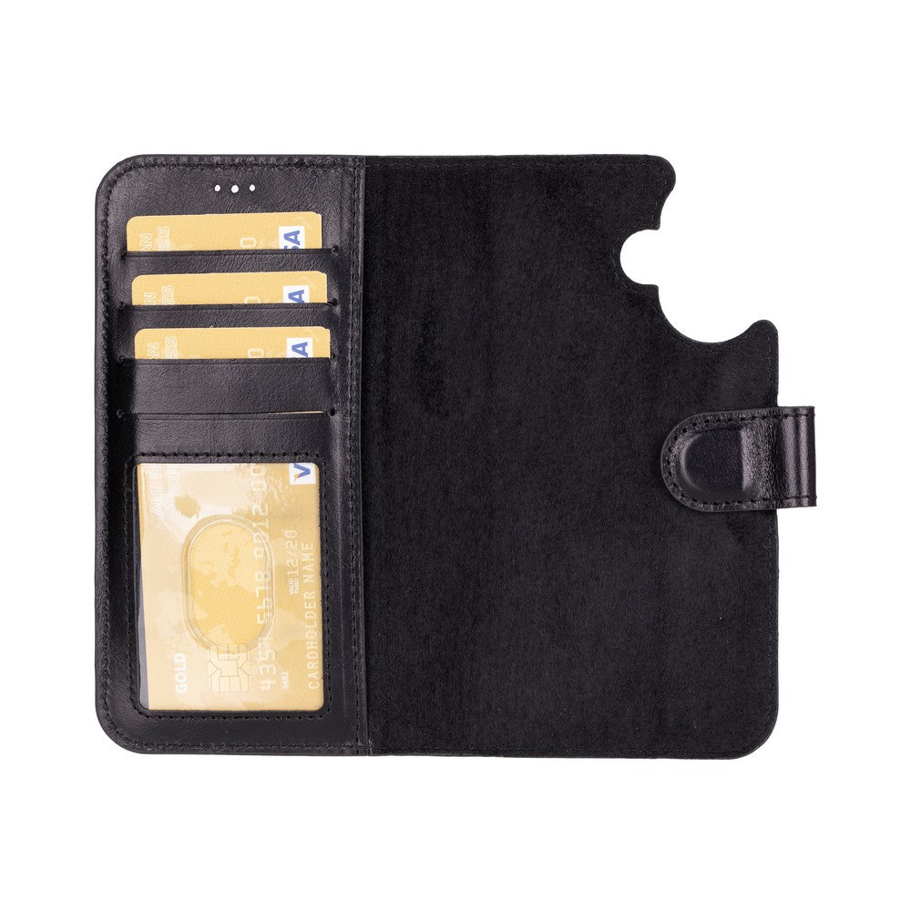 Apple iPhone 16 Plus uyumlu, Hakiki Deri, El Yapımı, Cüzdanlı Kılıf, Rustik Siyah