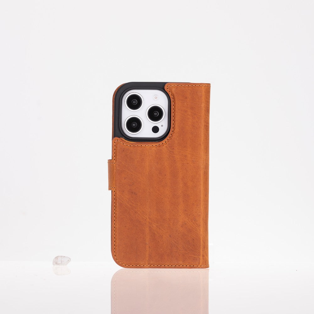 Apple iPhone 16 Pro Max uyumlu, Hakiki Deri, El Yapımı, Cüzdanlı Kılıf, Karamel