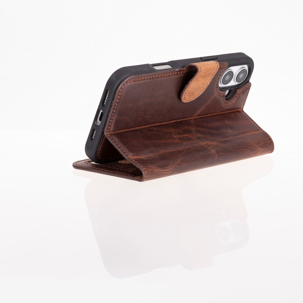 Apple iPhone 16 uyumlu, Hakiki Deri, El Yapımı, Cüzdanlı Kılıf, Antik kahve