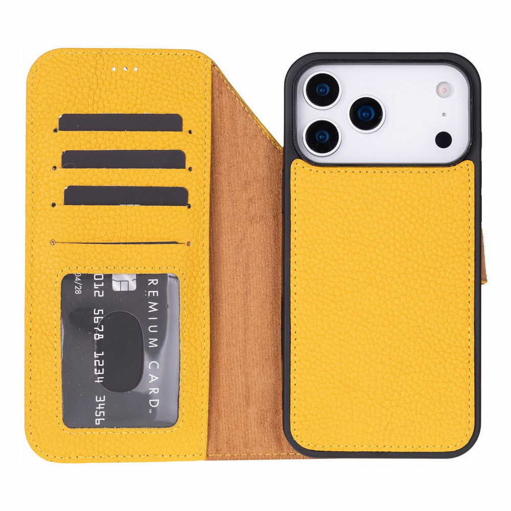 Apple iPhone 17 Pro Max için, Hakiki Deri, El Yapımı Cüzdanlı Kılıf, Magsafe ile uyumlu, İç Yüzeyi Kadife, Limon Sarı