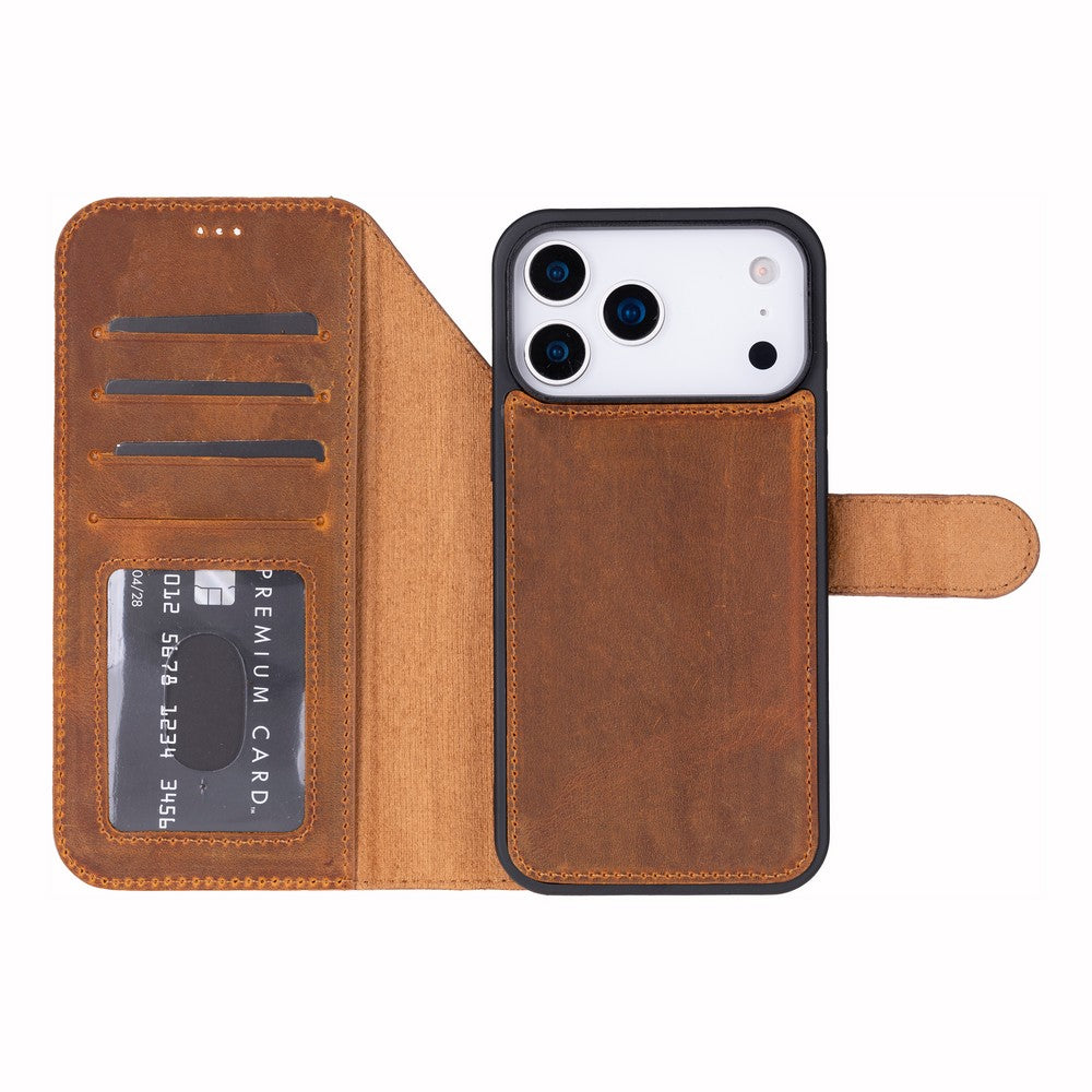 Apple iPhone 17 Pro Max için, Hakiki Deri, El Yapımı Cüzdanlı Kılıf, Magsafe ile uyumlu, İç Yüzeyi Kadife, Karamel