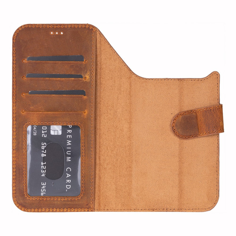 Apple iPhone 17 Pro için, Hakiki Deri, El Yapımı Cüzdanlı Kılıf, Magsafe ile uyumlu, İç Yüzeyi Kadife, Karamel