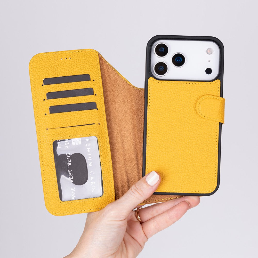 Apple iPhone 17 Pro için, Hakiki Deri, El Yapımı Cüzdanlı Kılıf, Magsafe ile uyumlu, İç Yüzeyi Kadife, Limon Sarı
