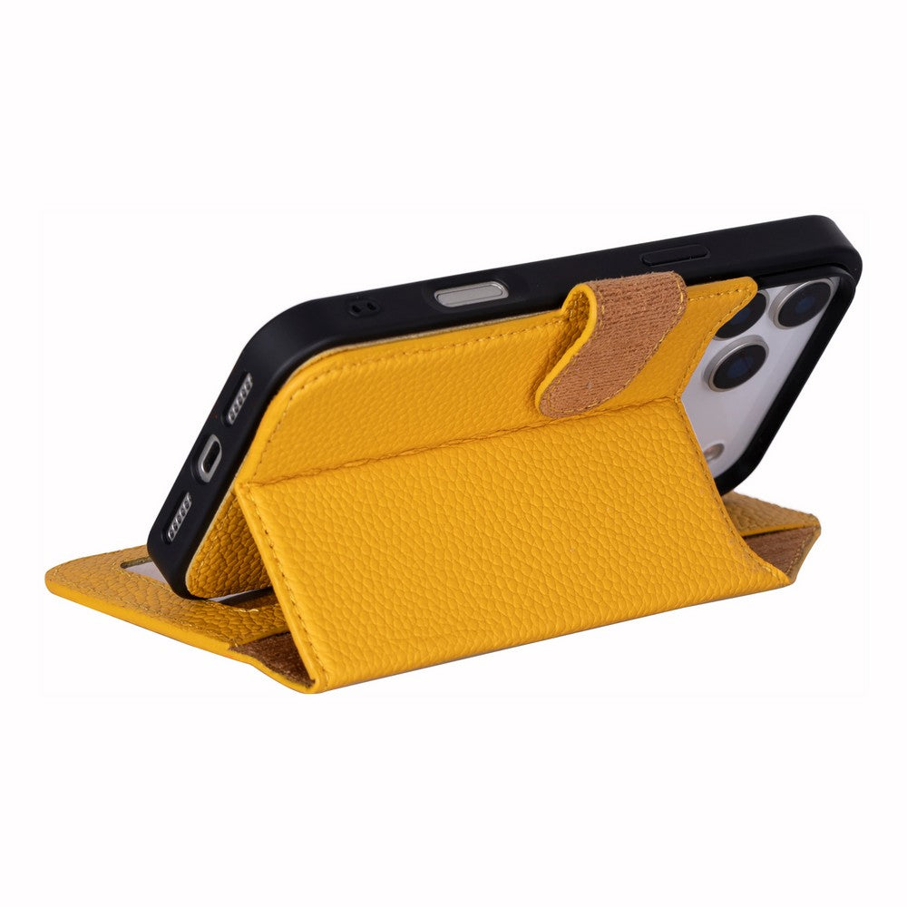 Apple iPhone 17 Pro için, Hakiki Deri, El Yapımı Cüzdanlı Kılıf, Magsafe ile uyumlu, İç Yüzeyi Kadife, Limon Sarı