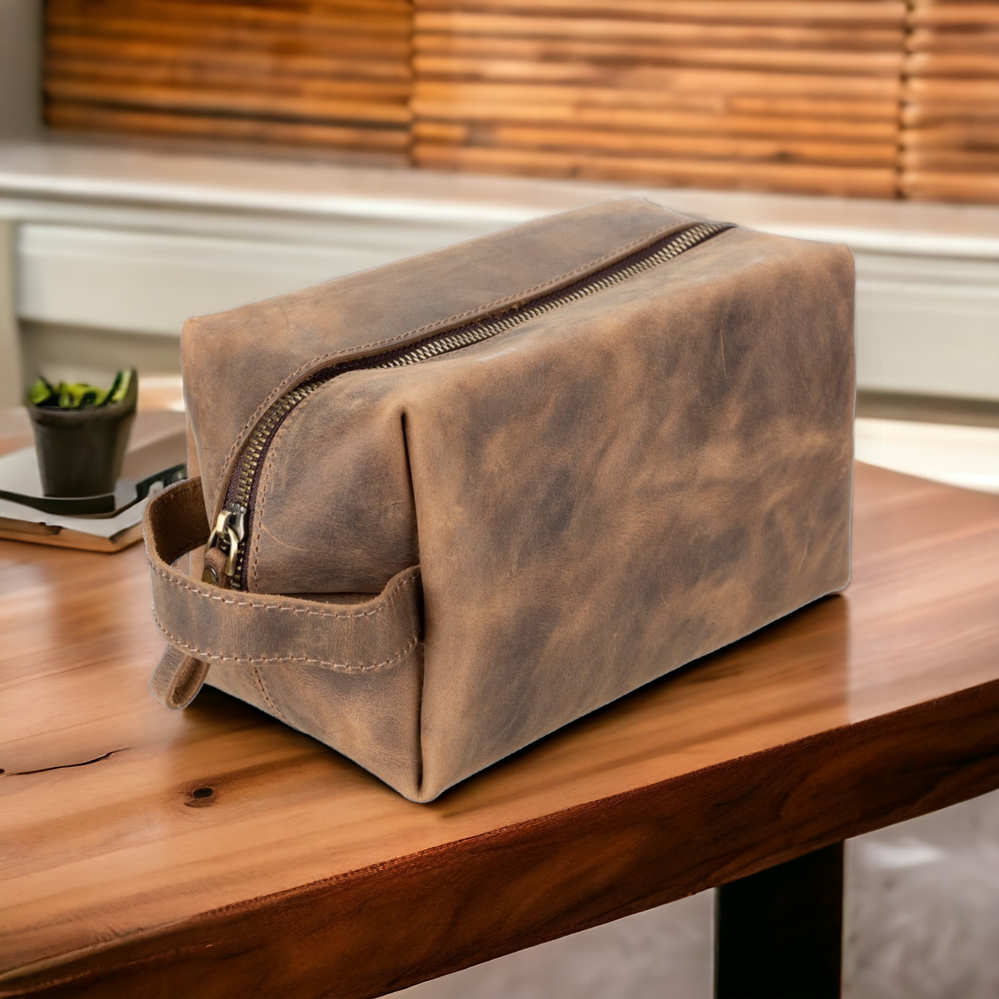 Eve Dopp Kit, Hakiki Deri, El Yapımı, Kişisel Bakım Çantası, XL Ölçü, Antik Kahve