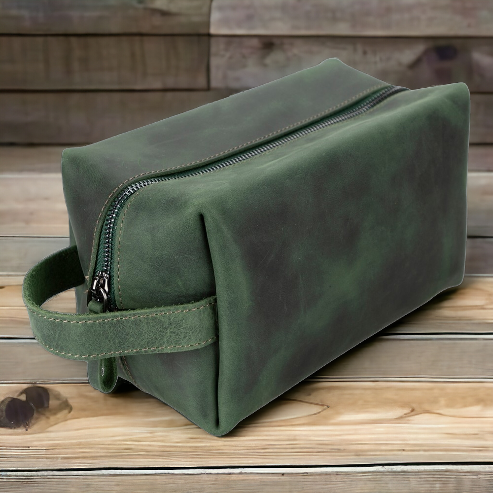 Eve Dopp Kit, Hakiki Deri, El Yapımı, Kişisel Bakım Çantası, L Ölçü, Antik Koyu Yeşil