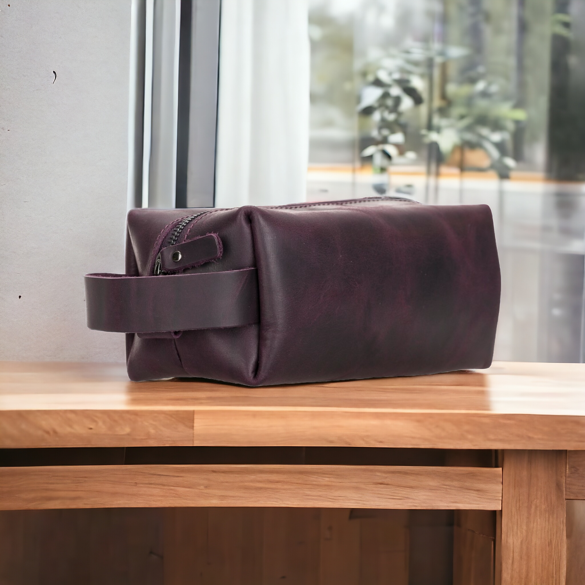 Eve Dopp Kit, Hakiki Deri, El Yapımı, Kişisel Bakım Çantası, XL Ölçü, AA7 Mor