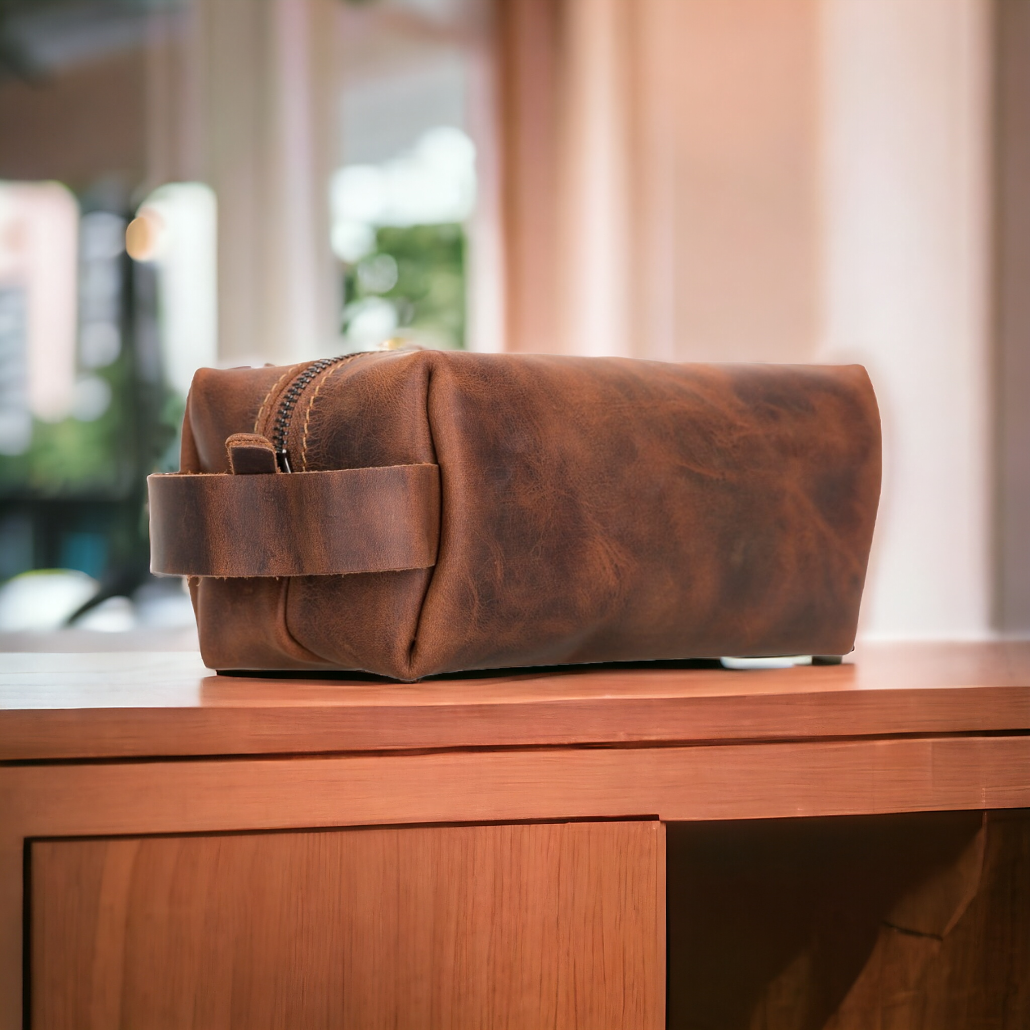 Eve Dopp Kit, Hakiki Deri, El Yapımı, Kişisel Bakım Çantası, L Ölçü, AA2 Taba