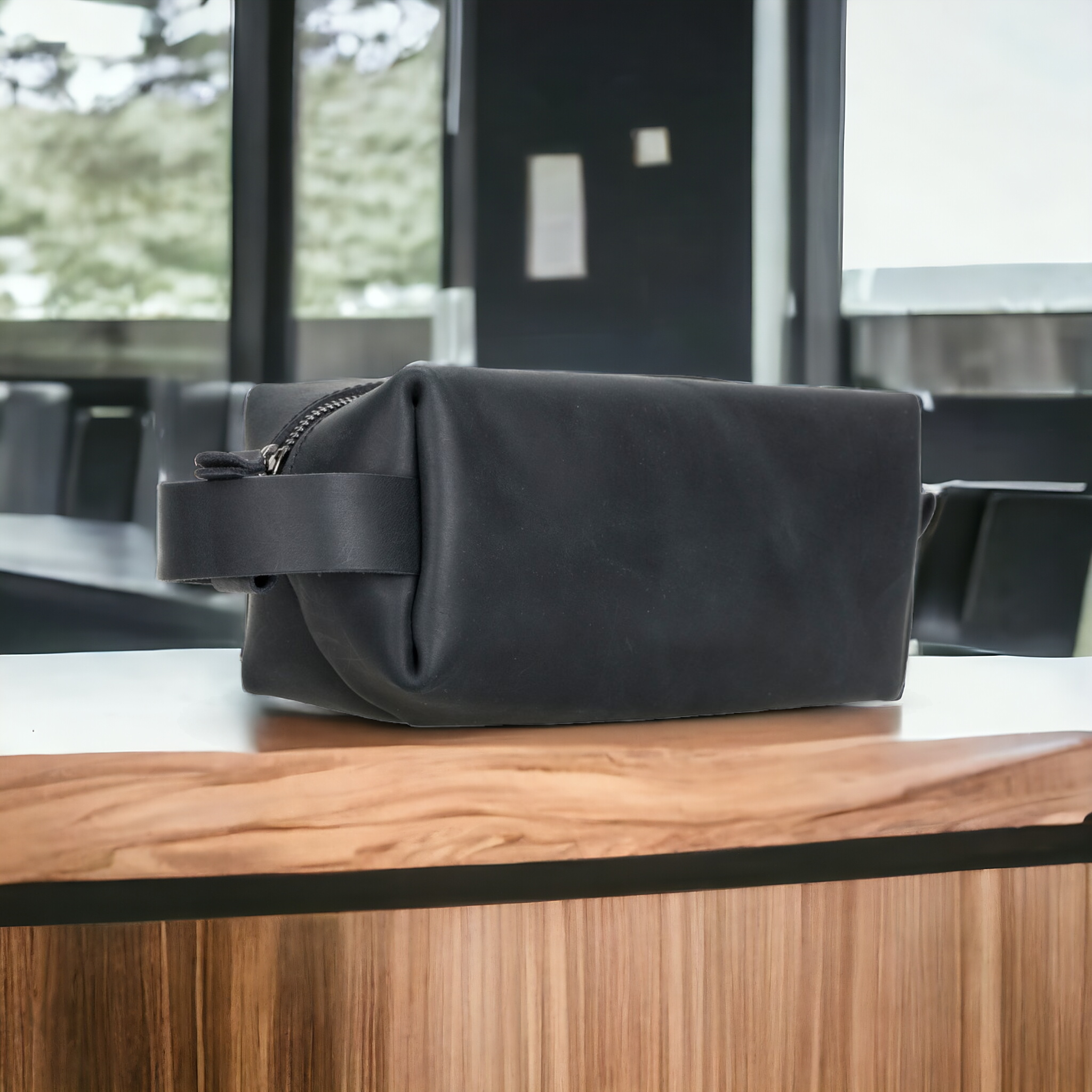 Eve Dopp Kit, Hakiki Deri, El Yapımı, Kişisel Bakım Çantası, XL Ölçü, AA1 Siyah