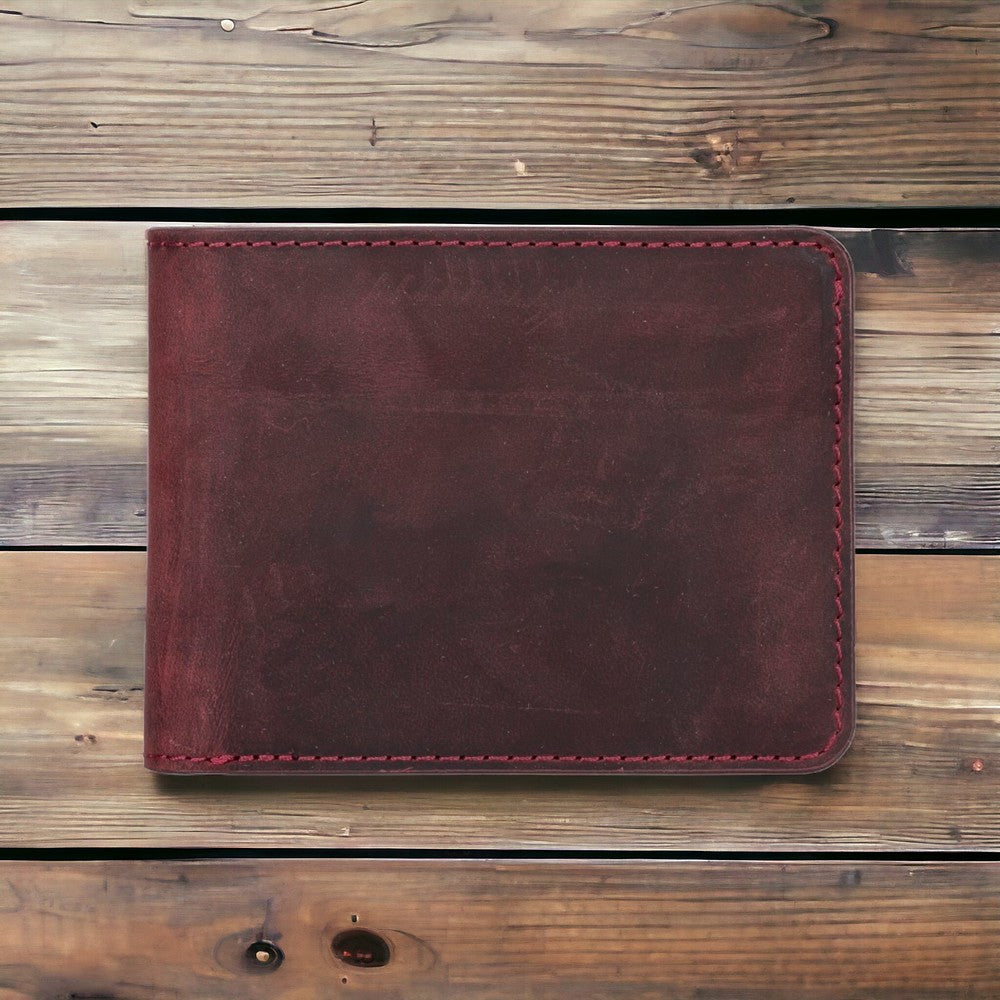 Pier Hakiki Deri, El Yapımı Erkek Cüzdan, 8 Kart Bölmesi, Rustik Vişne Çürük