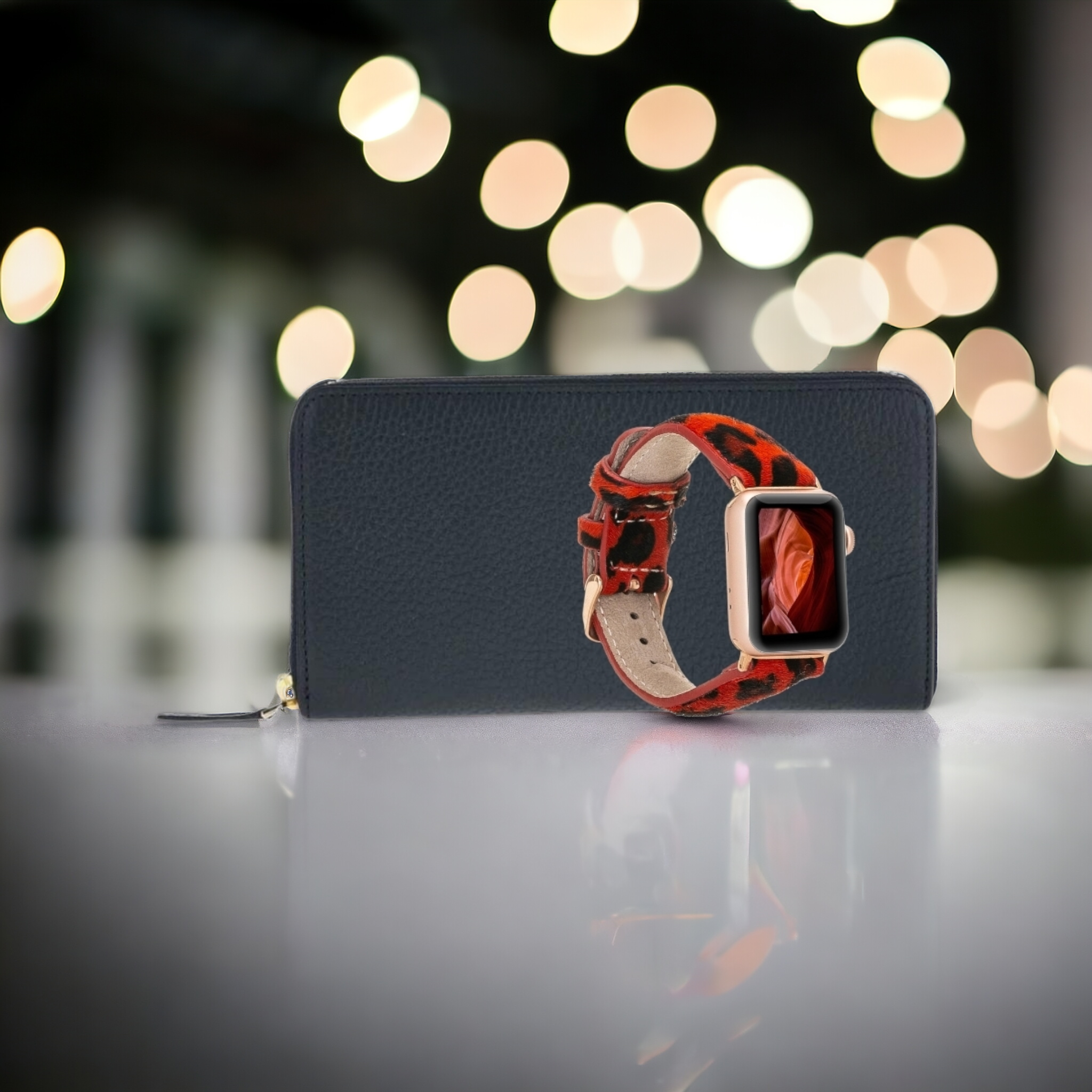 Leopar Baskılı Apple Watch Saat Kordonu + Çok Bölmeli Kadın Cüzdan Hediye Paketi