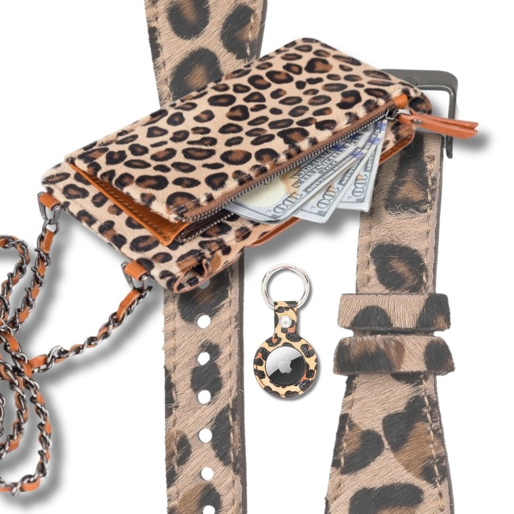 Leopar Baskılıli Deriden Cüzdan Kılıf, + Saat Kordonu + Anahtarlık