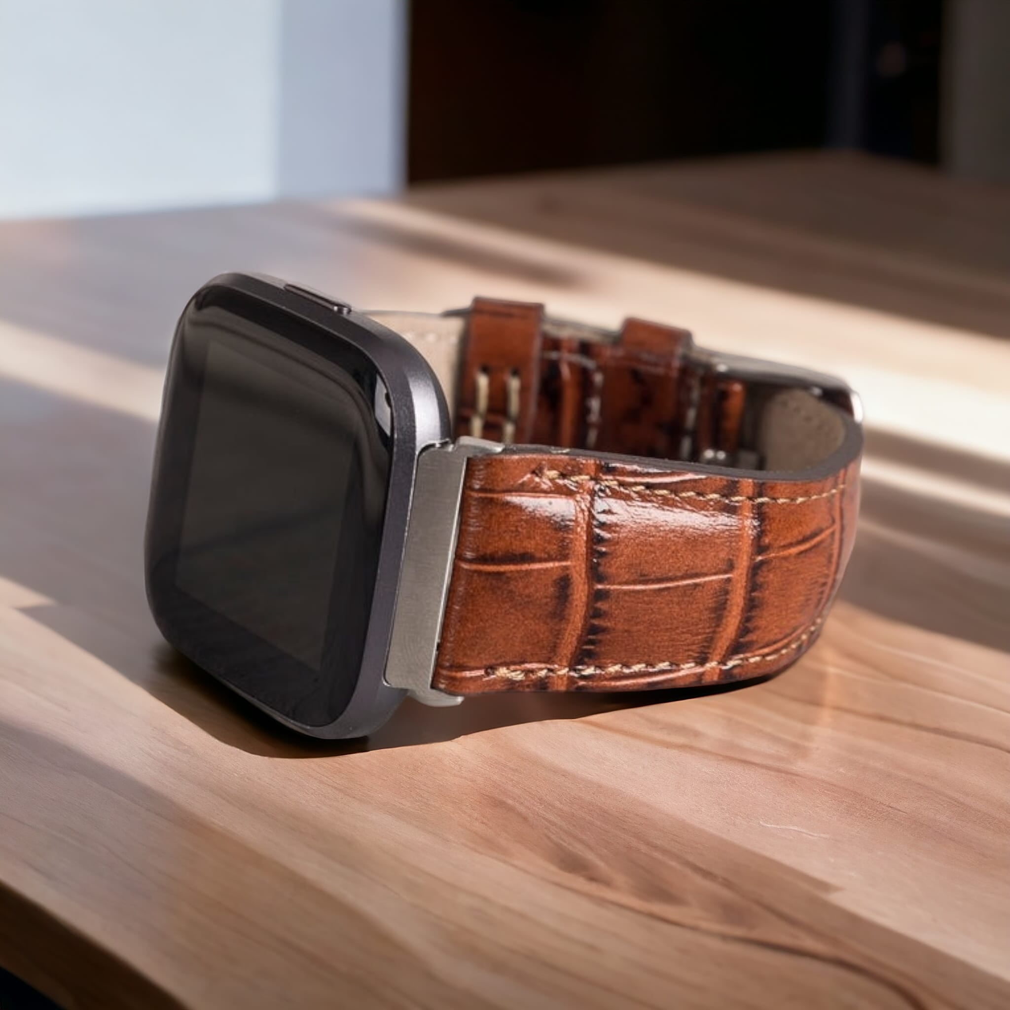 Fitbit Versa, Lite, Sense Serileri İle uyumlu, Deri Saat Kordonu, Kahve Timsah Deri