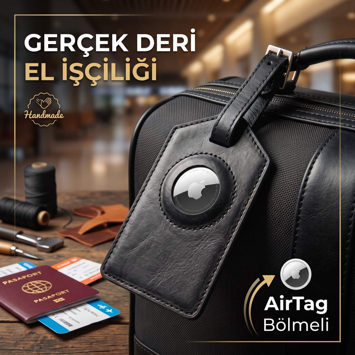 Hakiki Deri Apple AirTag Uyumlu Valiz Etiketi - El Yapımı İsim Kartlı Bavul Bagaj Etiketi İsimliği, Rustik Siyah