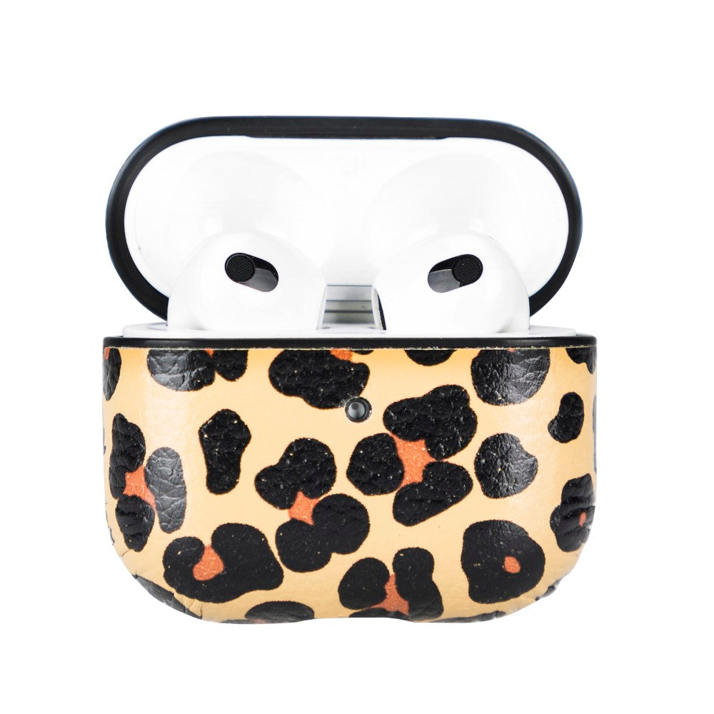 Apple AirPods 3.nesil uyumlu, Hakiki Deri, El Yapımı Kılıf, Juni Leopar Baskılı