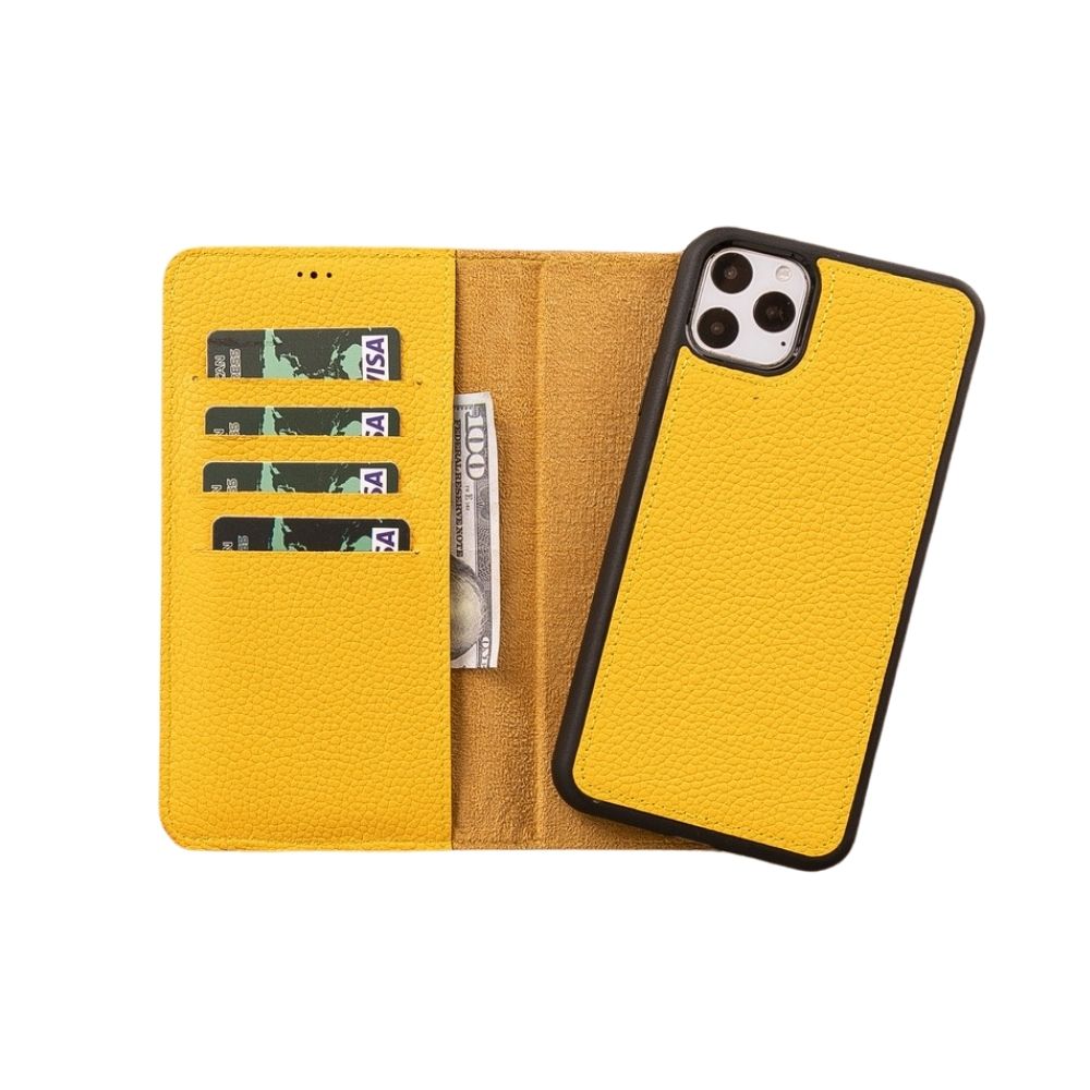 Apple iPhone 11 Pro Max uyumlu, Hakiki Deri, El Yapımı, Cüzdanlı Kılıf, FL12 Sarı