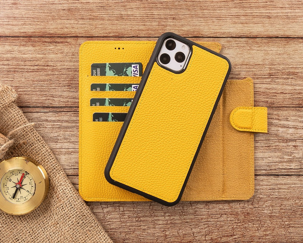 Apple iPhone 11 Pro Max uyumlu, Hakiki Deri, El Yapımı, Cüzdanlı Kılıf, FL12 Sarı