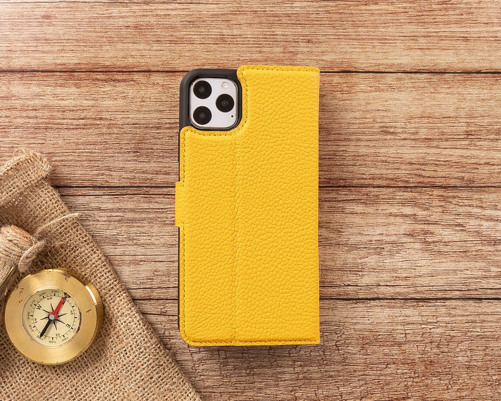 Apple iPhone 11 Pro Max uyumlu, Hakiki Deri, El Yapımı, Cüzdanlı Kılıf, FL12 Sarı