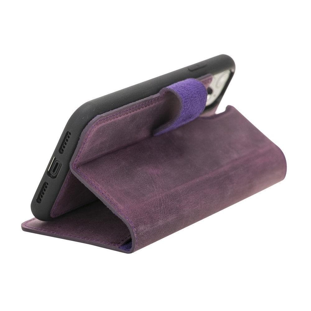 Apple iPhone 11 Pro uyumlu, Hakiki Deri, El Yapımı, Cüzdanlı Kılıf, G7 Mor