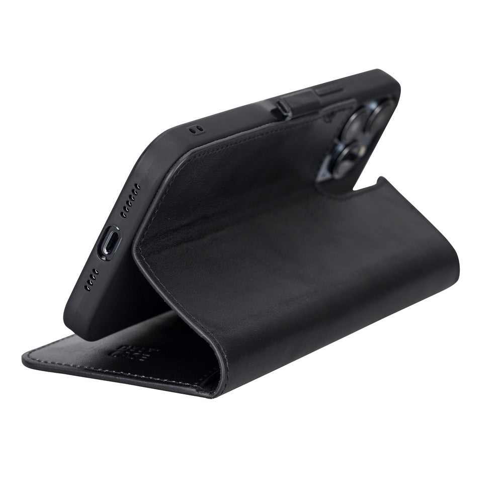 Apple iPhone 13 Pro Max uyumlu, Hakiki Deri, El Yapımı, Cüzdanlı Kılıf, Siyah