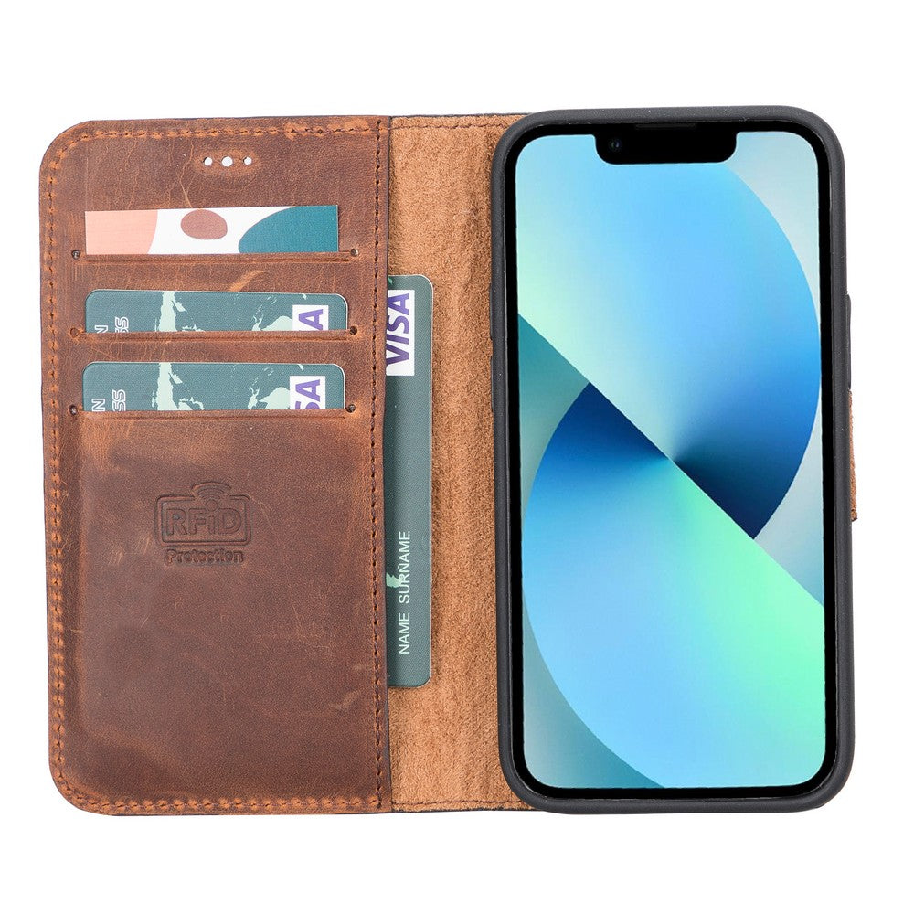 Apple iPhone 12 mini uyumlu, Hakiki Deri, El Yapımı, Cüzdanlı Kılıf, G2 Antik Kahve