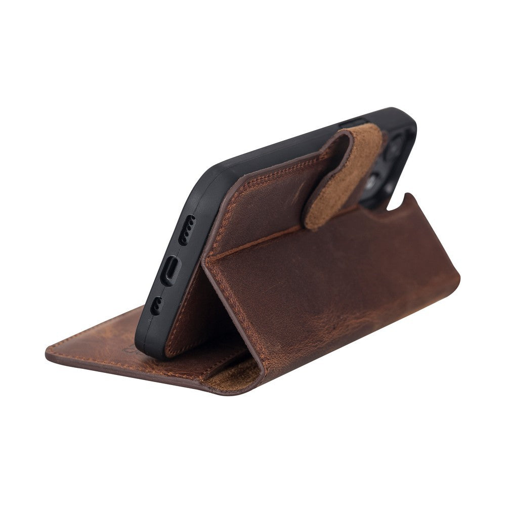 Apple iPhone 12 Pro uyumlu, Hakiki Deri, El Yapımı, Cüzdanlı Kılıf, Antik Kahve