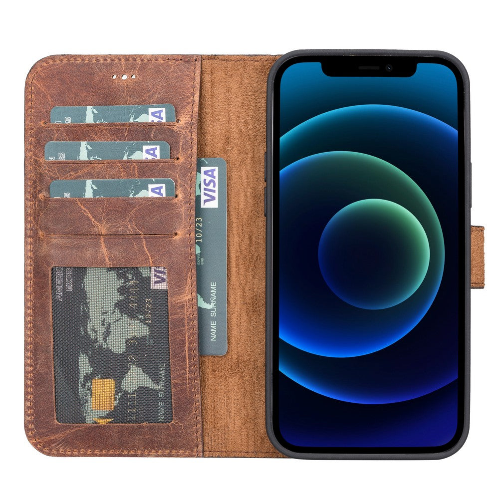 Apple iPhone 12 Pro Max uyumlu, Hakiki Deri, El Yapımı, Cüzdanlı Kılıf, Antik Kahve