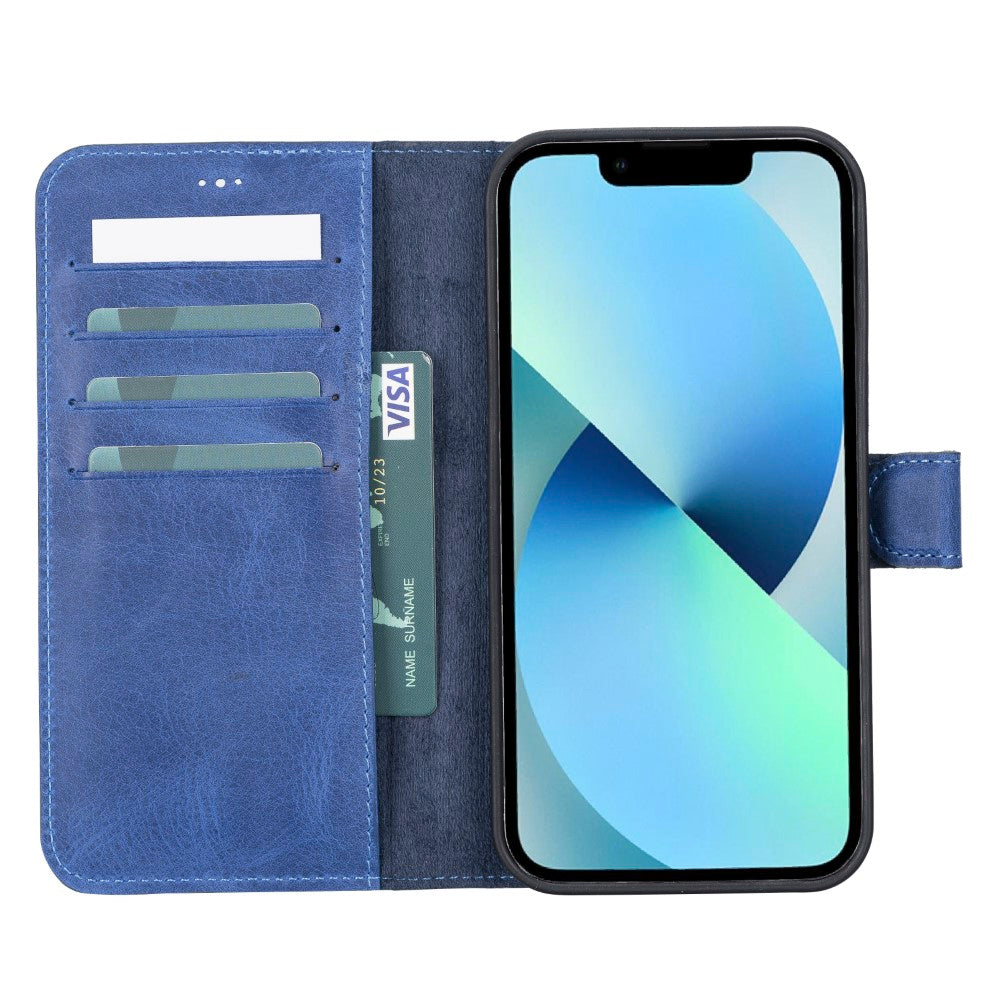 Apple iPhone 12 Pro Max uyumlu, Hakiki Deri, El Yapımı, Cüzdanlı Kılıf, G21 Mavi