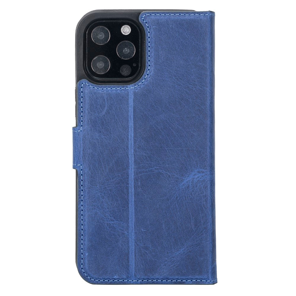 Apple iPhone 12 Pro Max uyumlu, Hakiki Deri, El Yapımı, Cüzdanlı Kılıf, G21 Mavi