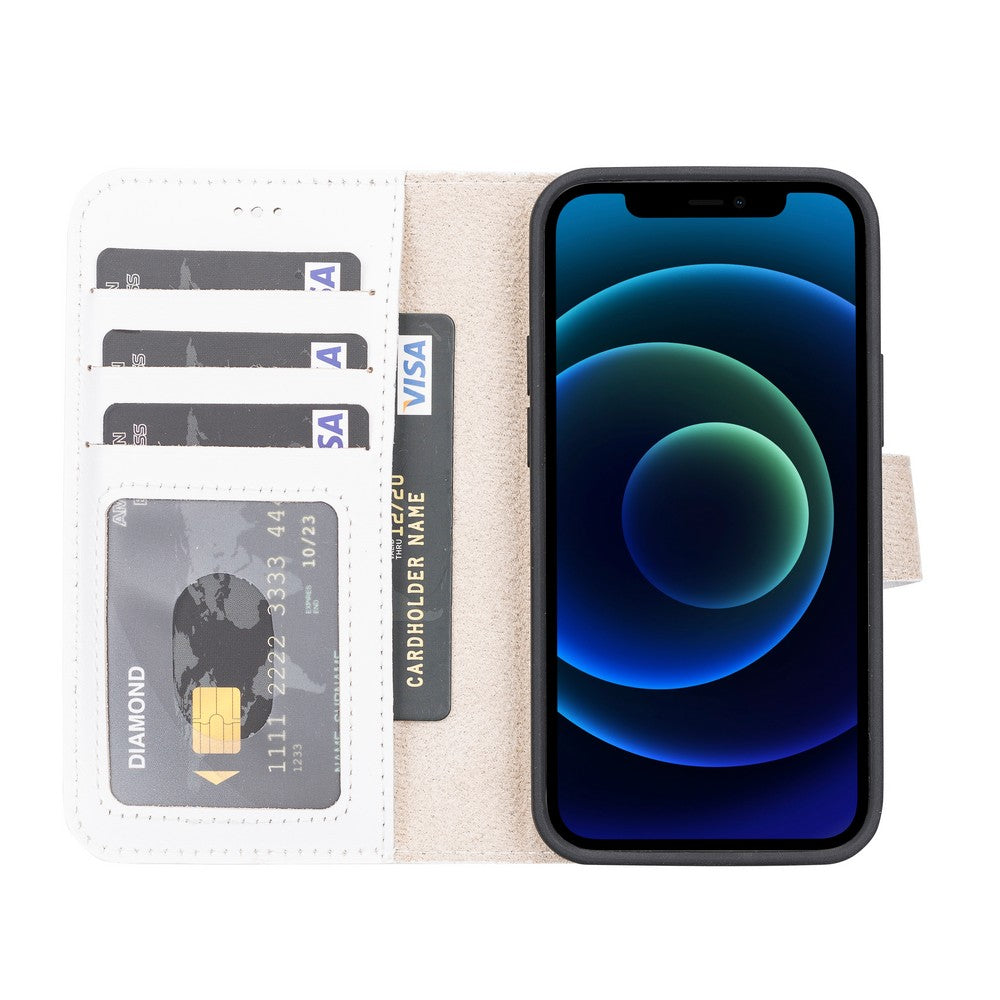 Apple iPhone 13 Mini uyumlu, Hakiki Deri, El Yapımı, Cüzdanlı Kılıf, F3 Beyaz