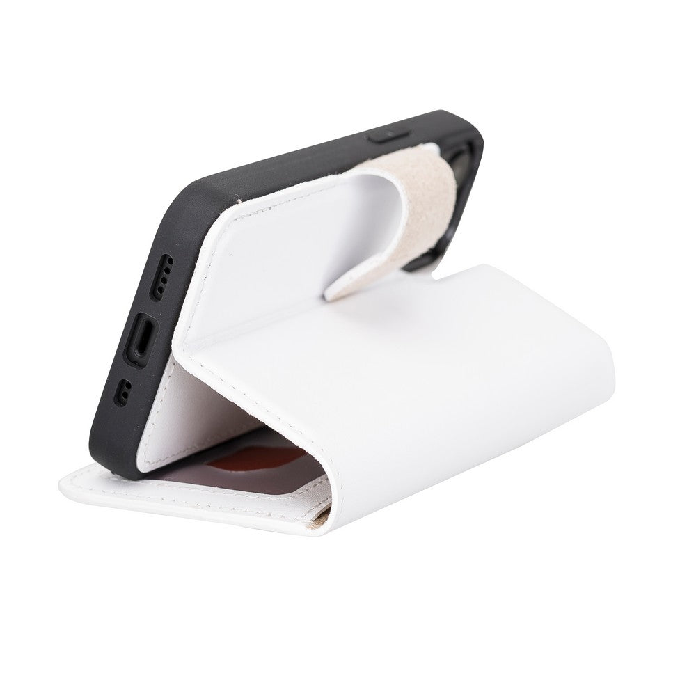 Apple iPhone 13 Mini uyumlu, Hakiki Deri, El Yapımı, Cüzdanlı Kılıf, F3 Beyaz